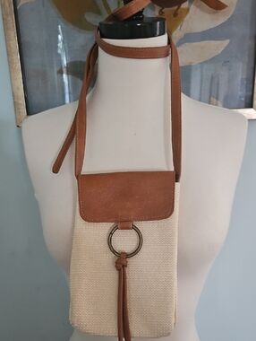 Cream & Tan Crossbody Phone Bag with Ring Tassel